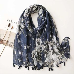 Sarongs dames herfst marineblauw blauw abstract bloemenlijm sjaal hoge kwaliteit bedrukte verpakking pashmina sneeuw bufandas moslimhoofdband 180 * 90 cm 240325