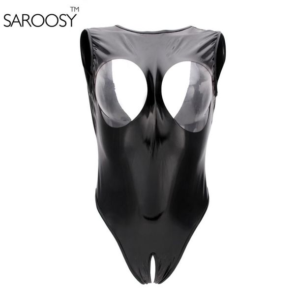 SAROOSY Sexy élastique PVC vinyle noir pour les femmes taille haute string coupe ouverte justaucorps érotique Costumes Latex body grande taille 1357193