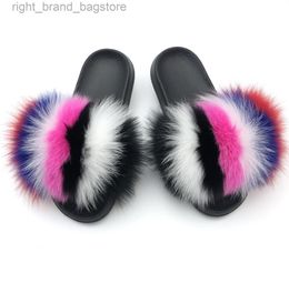 Sarsallya Fur Slippers Femmes Real Fox Fur Slides à la maison Sandales plates à fourrure femelle mignon House House Chaussures femme Luxury 2021 W22087937