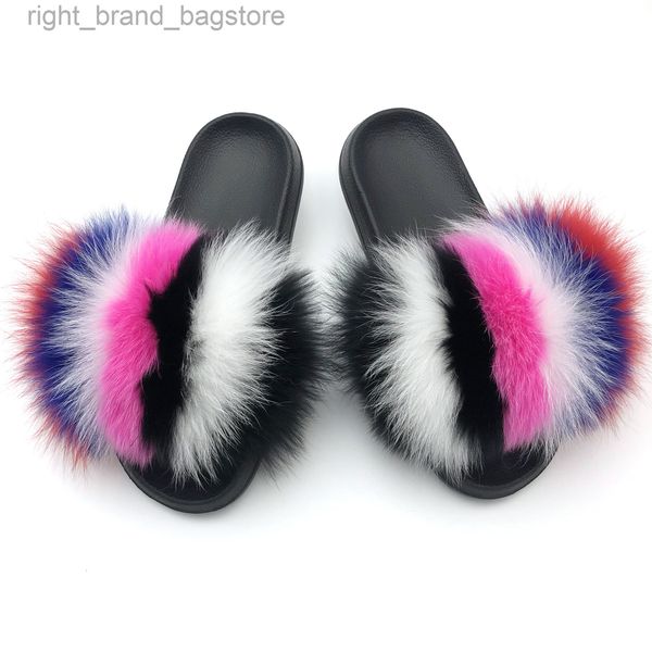 SARSALLYA Zapatillas de piel Mujeres Real Fox Fur Slides Inicio Sandalias planas peludas Mujer Lindo Fluffy House Zapatos Mujer Marca Lujo 2021 W220808