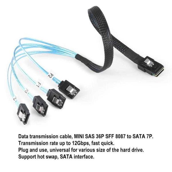 SAS 4i SFF8087 36P Vers 4 Câble SATA 7P 12Gbps 50cm Disque Dur Données Mini- SFF-8087 4 Mini