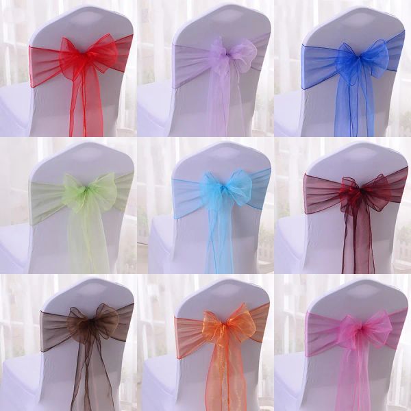 Sashes 25pcs / lot Pink Organza Chair Sashes Chair Chair Decoration Ribbons liens arc pour la couverture Banquet de mariage Événement Mint Green