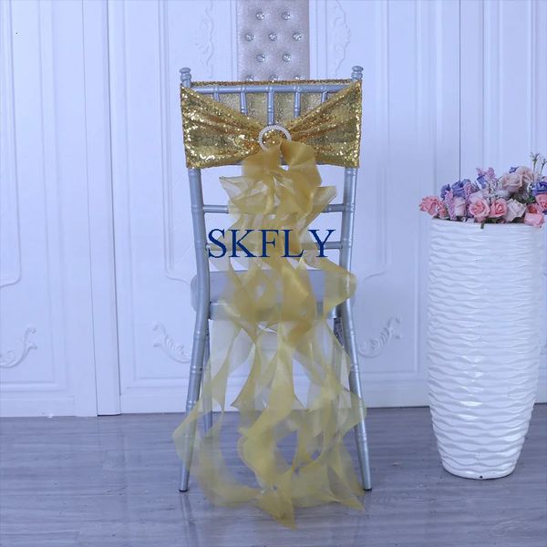 Fajas SH105H banda para silla de lentejuelas dorada, azul marino y rosa rubor de boda elegante hecha a medida con fajín de sauce rizado 231202