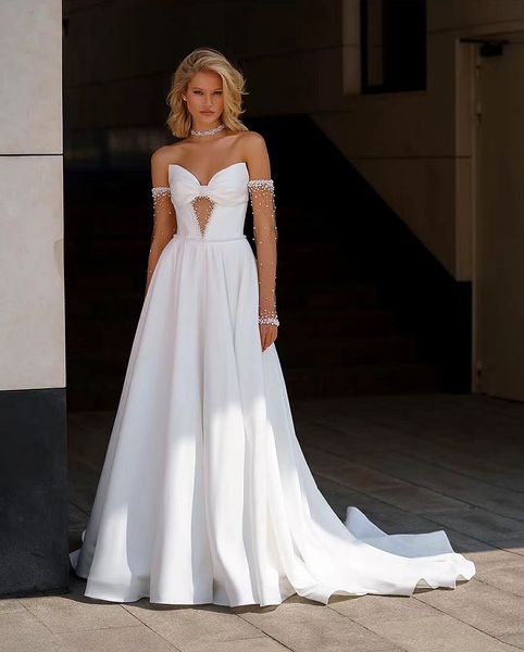 Vestido de Novia de satén línea A, vestido de Novia con escote en forma de corazón con cuentas y perlas, mangas desmontables, Vestidos de Novia blancos marfil 2024