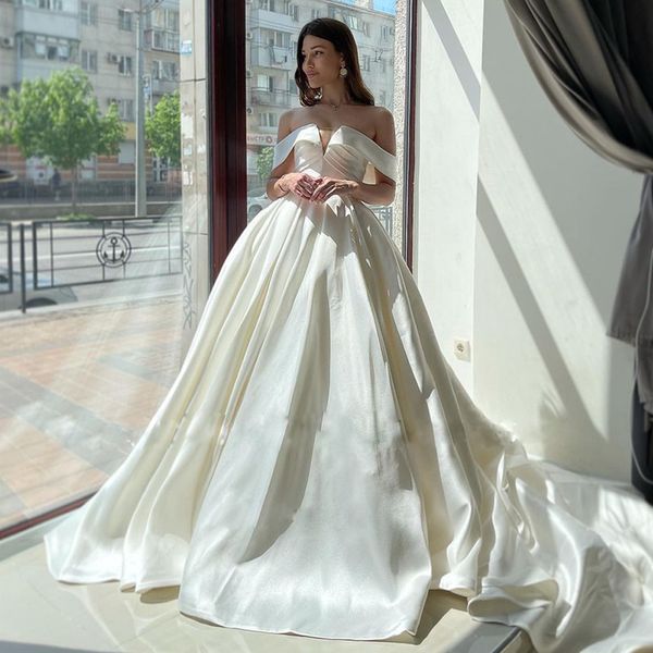 Vestidos de novia de satén con hombros descubiertos, vestido de princesa fruncido, vestido de jardín sencillo para novia 326 326