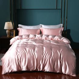 Juego de cama de satén, funda nórdica de lujo individual, doble, tamaño King, edredón de Color sólido, cama de gama alta 240312