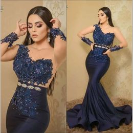 Robes de soirée satin satines Navy Sheer Sleeves Lace Lace en dentelle Floral Floral Slim Fit Ocn Prom Robe Arabe Aso Ebi BC