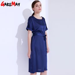 Satijn jurk vrouwen elegante grote maten blauw o-hals boog kantoor voor vrouwelijke kleding Garemay 210428
