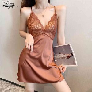 Satijn elegante v-hals effen vrouwelijke jurken mouwloze v-hals mini zomer kant oranje sexy femme robe 13414 210508