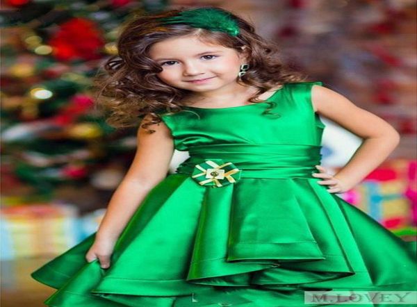 Satin Emerald Green Kids Girls Dresses de fiesta Vestidos de fiesta con cuello de la tripulación de chicas bajas Vestido formal1495835