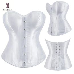 Tissu satiné Corps Shapewear Overbust Corselet Slimming Taist Shaper Laçage Ribbon Femmes Corset Bustier avec G String 818 # 240407