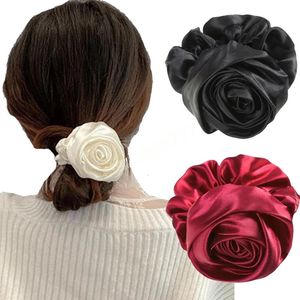 Lazo para el pelo de satén para mujer, gomas para el pelo con flor de rosa grande, accesorios elásticos para el cabello a la moda