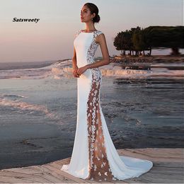 Satin-Spitze-Hochzeitskleid, Meerjungfrau, O-Ausschnitt, durchsichtige Brautkleider, Strand, ärmellos, elegante Partykleider, Boho