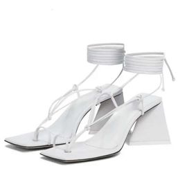 Satin dames 2024 Cuir Chunky High Heel Sandales Solid Cross-Tied Lace Up Peep-Toe Square Toe Head Wedding Party Shoes S 0ad
