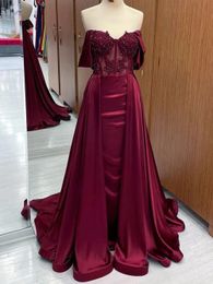 Satijnen lange zeemeermin avondjurken sexy off-shoulder illusie lijfje plooien vestido longo lieverd kralen kant applique kralen prom feestjurken