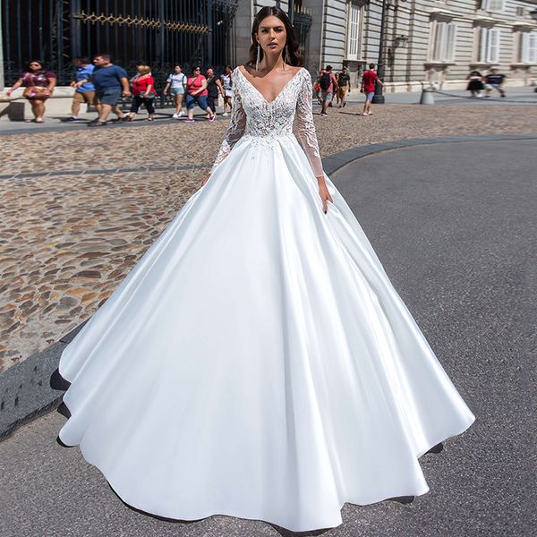 Vestidos de novia de manga larga de satén para mujer, vestidos de novia con escote en V profundo, encaje desmontable elegante, apliques simples sin espalda, corte en A, 2023