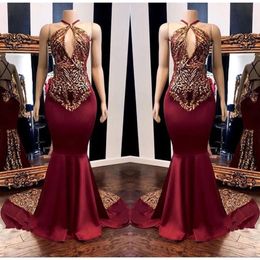 Satin Mermaid 2019 Bury Halter Long Prom Lace Applique Criss Criss Lengte Formele feestavondjurken BC1302