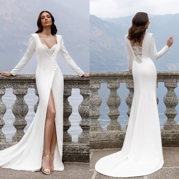 Robe de mariée sirène en Satin pour femmes, élégante, manches longues, col en V, avec des Appliques en dentelle, Simple, Sexy, sur mesure