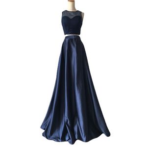 Robes de bal en satin bleu marine une ligne encolure dégagée sans manches robe de soirée deux pièces fête pure illusion dos robe formelle unie