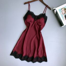 Ropa de dormir de satén Seda Mujeres Camisones Encaje Sexy Ropa de dormir Vestido de dormir Camisón acolchado Verano Pijamas Vestido de noche Homewear 210419