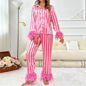 Satijnen pyjamaset y2k dames roze gestreept overhemd met enkele borst met verendecoratie en lange broekpyjama 240306