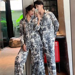 Satijn pyjama set paar herfst winter thuis pak met broek dames print pyjama pak zijde pijama nachtkleding voor vrouwelijke pyjama 2111112