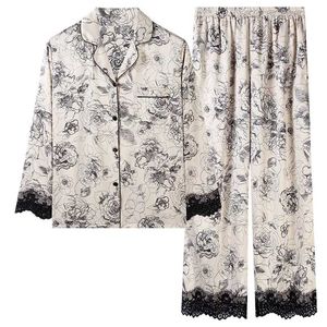 Satin Pamas Set paar Autumn Winter Home met Pant Dames Print Pama Suit Silk Pijama Sleepwear voor vrouwelijke pyjama's 211118