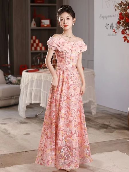 Prom floral rose satiné avec plumes 2k23 filles noires profondes V couche couche Gala ocn robes d'anniversaire robes de fête à queue femme robe formelle 403