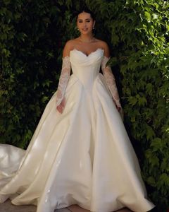 Satijnen plooi prinses A-lijn jurken lieverd met kanten mouw bruidsjurk plus maattabel trouwjurk