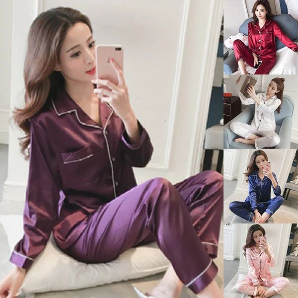 Satin-Pyjamas für Damen, Pyjama, Seide, langärmelig, weiche Nachtwäsche, Nachtwäsche-Set, Hosen, Oberteil, Damen, Knopfleiste 240109