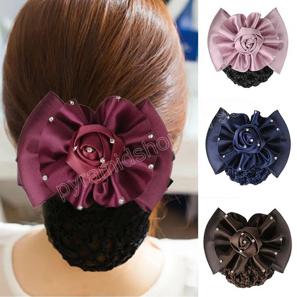 Satin Rose Flower Ringestone Hair Clip pour femmes Claws de cheveux prétendants Grands Barrettes Bowkknot Bun Snood Hairgrips