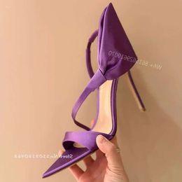 Sandales satin femme violet sexy arc pointu open toe dos sangle hauts talons stiletto 2024 Été élégant robe de fête 865