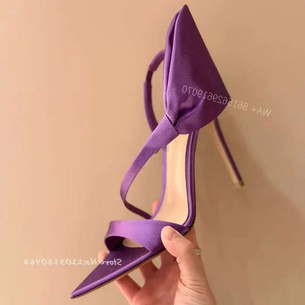 Sandalias de satén Mujer Púrpura Sexy Bow Store Open Toe Back Tisos Stiletto 2024 Vestido de fiesta elegante de verano 456