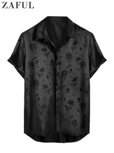 Satijnen Shirts voor Mannen Jacquard Rose Gedrukt Zijdeachtig Korte Mouw Zomer Streetwear Knop Blouse Tops Z5022014 240227