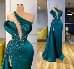 Satin épaule froncé une paillettes robes de soirée 2020 illusion sexy haute fente dos nu robe de bal balayage train fête vêtements de cérémonie AL5501