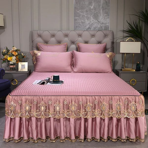 Jupe de lit en Satin de soie, décoration en dentelle, couverture de matelas, couvre-lit de luxe sur le lit, drap antidérapant solide, linge de lit 240322