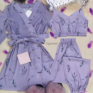 Satijn Silk Pyjama Set Women 3pc Riem Topbroek Floral Gedrukte slaapkleding Autumn Pyjamas Home Wear Nightwear Robe SXXL 220712