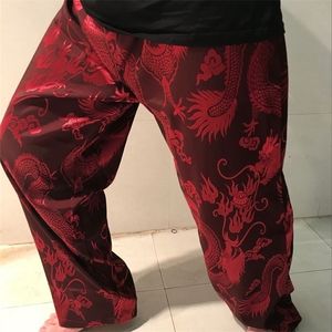 Satijn Silky Good Silk Plus Size Elastische Taille Chinese Dragon Print Slim Pocket Pant Japan Mannen Broek Home Sleep Training Jogger 201218