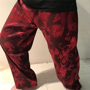Satin Silky Good Silk Plus Size elastische taille Chinese Dragon Print Slim Pocket Pant Japan Men Trouser Home Sleep Training Jogger 201128