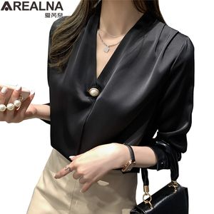 Blusa elegante de satén Slik para Mujer, ropa de moda coreana, Blusas femeninas de manga larga, Tops de trabajo blancos y verdes, Blusas elegantes para Mujer 210225