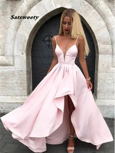 Satijnen spaghetti riemen prom jurken v nek roze avondjurk asymmetrische gewaad de soiree lange feestjurken vestidos formales prom jurken