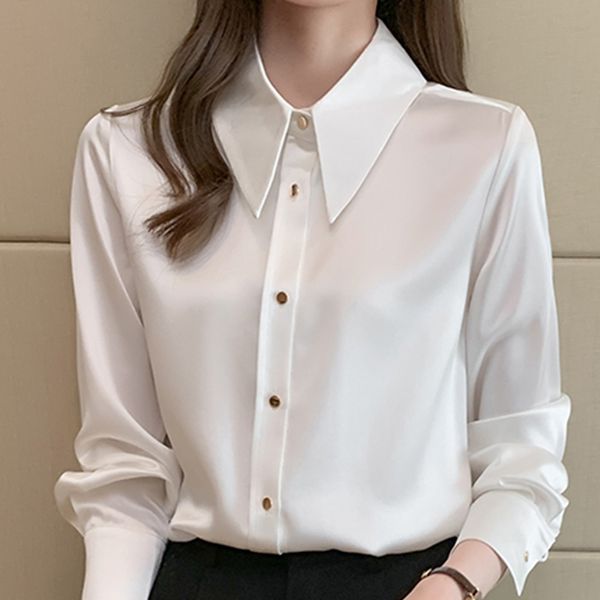 Satin col rabattu femmes chemise en mousseline de soie simple boutonnage à manches longues chemises de femme bureau dame haut décontracté élégant printemps 210518