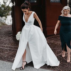 Satin Wedding Gowns 2023 with Pockets A-Line Deep V-Neck Bridal Dress High Split Garden Castle Real Image Ivory White Bride Inspiration vibes Sleeveless Open V-Back