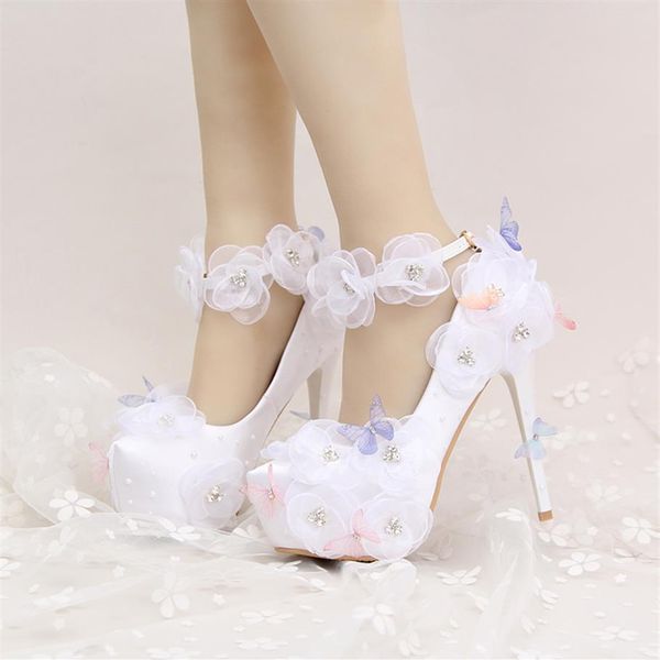 Zapatos de boda de satén Hermosa flor y mariposa Novia Fiesta Tacones altos con correas de tobillo Zapatos de baile Blanco y rojo Color294c