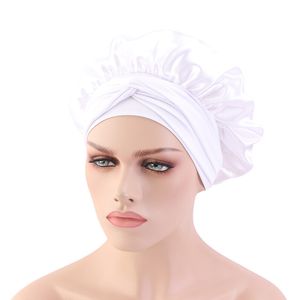 Satin femmes Bonnet Stretch solide avec de larges liens soins des cheveux longs nuit sommeil chapeau ajuster soyeux Salon de beauté tête enveloppement casquette