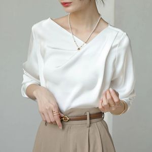 Satijnen dames shirts zijden solide casual blouses losse lente/zomer dames kleding mode lange mouwen witte tops 240407