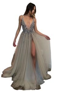 Satsweety Backless Gray Avond Jurken Sexy prom -jurken met Slit Rhinestone Tule doorzag door lange avondjurken