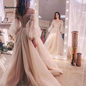 SATSWEETY 2023 IVORY Avondjurken Organza van de schouder Lange mouwen Formele jurk Robe de Soiree Abiye prom -jurken