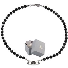 Collier de diamants monocouche en cristal noir Saturn, chaîne de clavicule de style punk sombre, peut être porté par les hommes et les femmes avec box247e