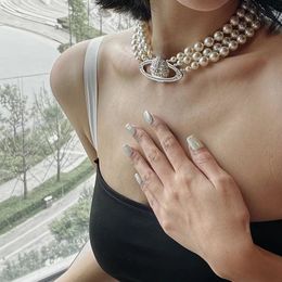 Saturno Collar de perlas multicapa Diamante completo Saturno Collar de plata de collar de plateado Joyería para mujeres Anniversary aniversario 0.189